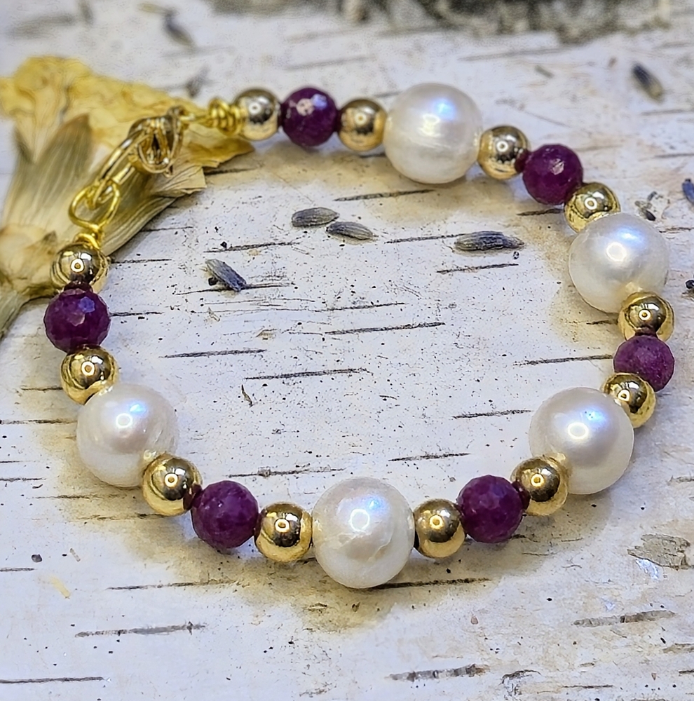 Genuine Red Ruby Stones & White Baroque Pearls In Classic Designed Bracelet